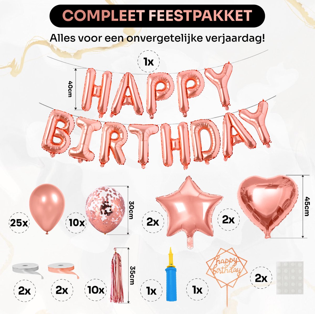 Vitamo™ Roségoud Verjaardag Versiering met Ballonpomp - Cake Topper - Feestversiering - Happy Birthday Feestpakket - Ballonnen - Slinger - Verjaardagsfeest - Feestartikelen - Roze Goud Feestdecoratie XL — afbeelding 5