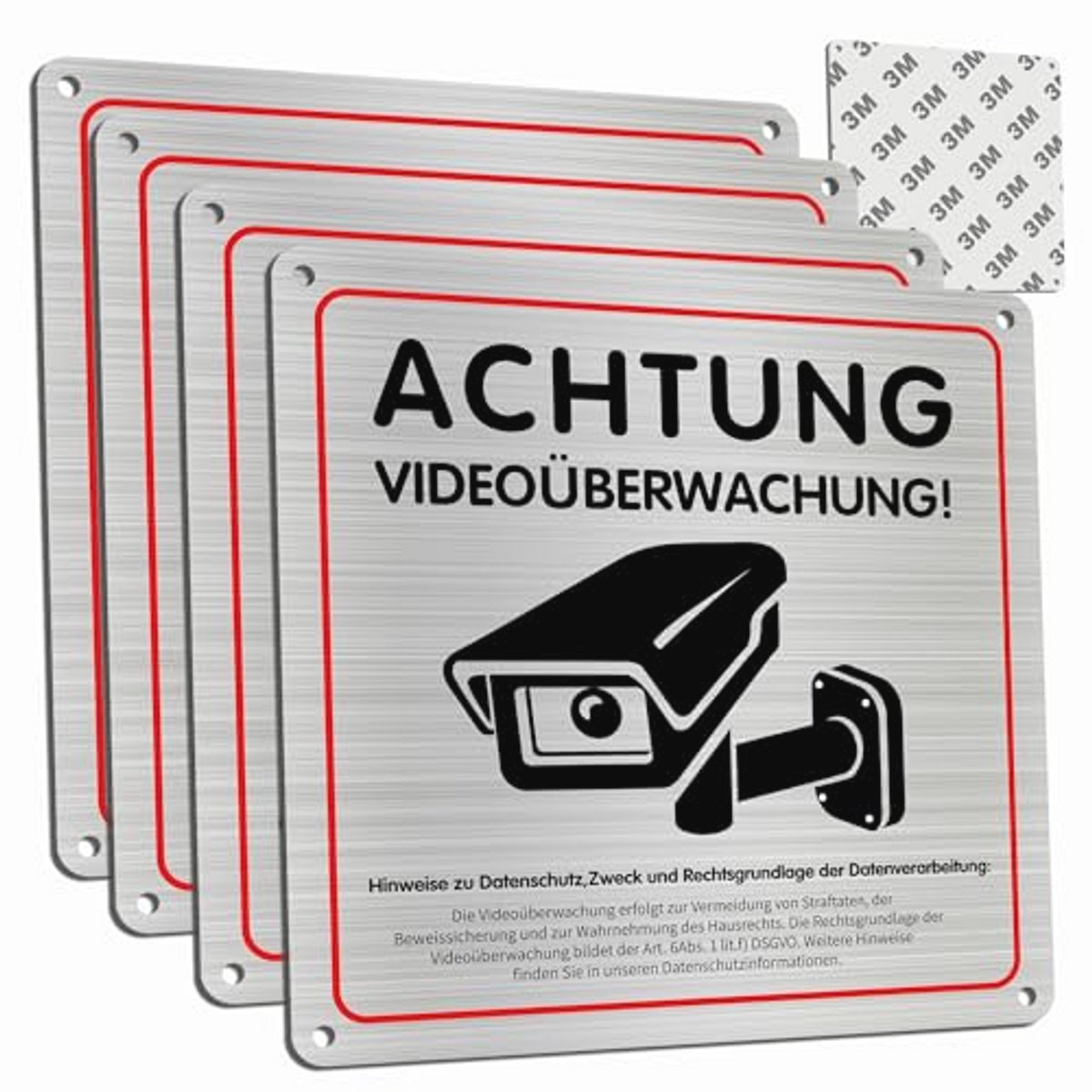 Videobewakingsbord 4 stuks met DSGVO Aanwijzing - 15 x 15 cm Aluminium Waarschuwingsbord met Zelfklevend en Boorgaten