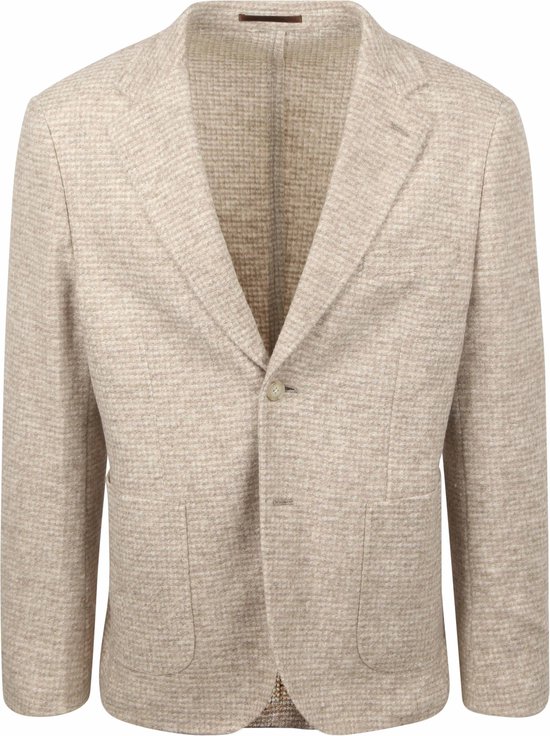 Beige gebreide blazer met een gebroken witte micro-ruit. Sluit met één knoop.