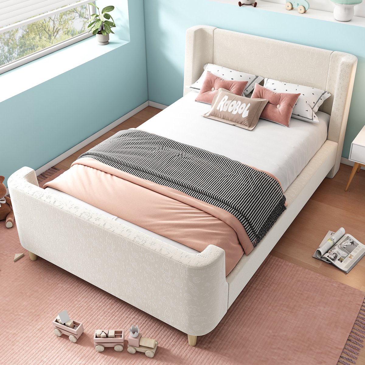 STILVORA Gestoffeerd Bed 90x200 cm - Kinderbed Met Lattenbodem En Opbergruimte - Voor Jongens En Meisjes - Flueel - Beige (geen matras)