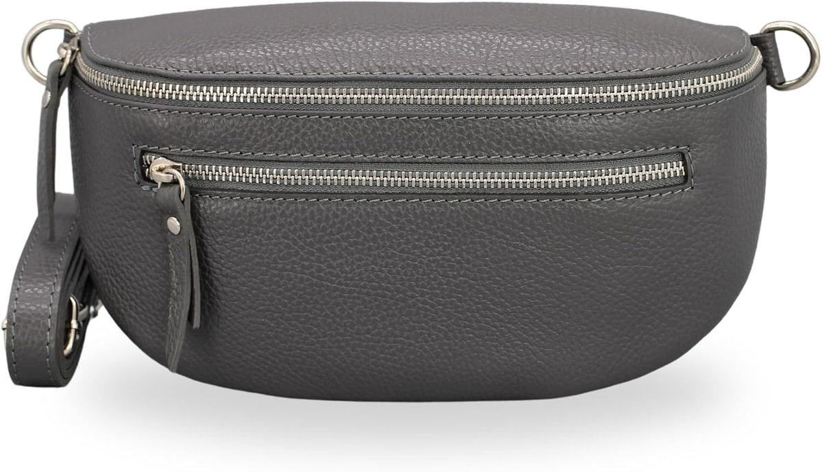 BELCHOME Lucia heuptas voor dames, handgemaakte schoudertas en crossbodytas van echt leer met leren riem en brede schouderband met patroon, 3 vakken, stijlvol, gemaakt in Italië, Donkergrijs