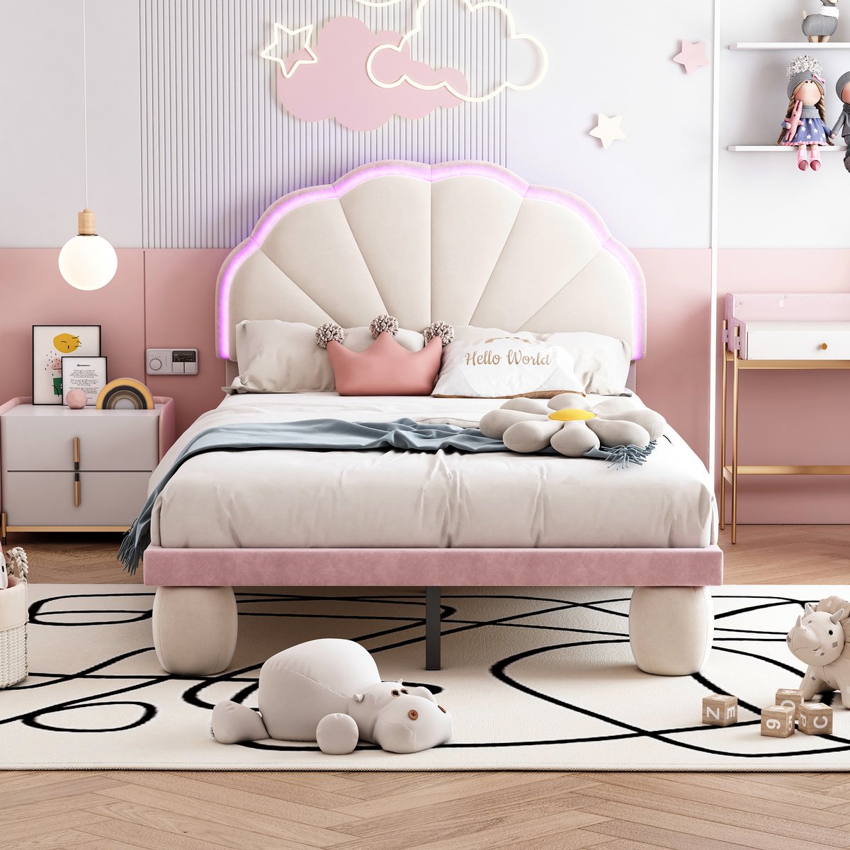 STILVORA Gestoffeerd Bed 90 x 200 - Kinderbed Met Houten Lattenbodem - Fluweel Kinderbed - Beige