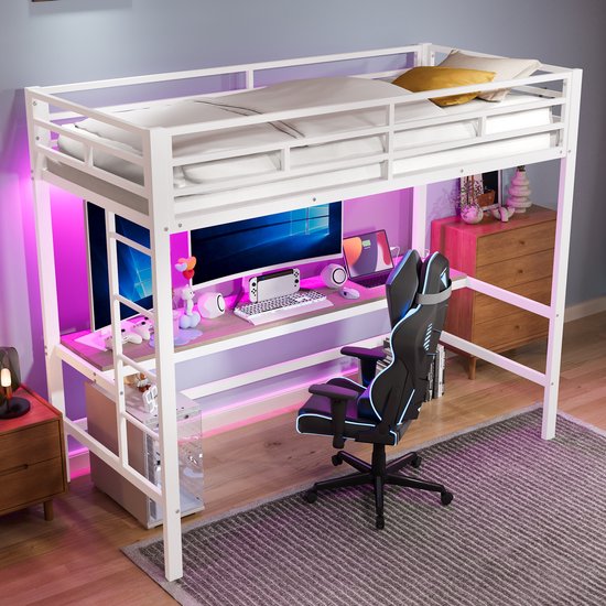 Kinderbed 90x200cm met LED - prinsessenbed met kunstleren kussen - Roze