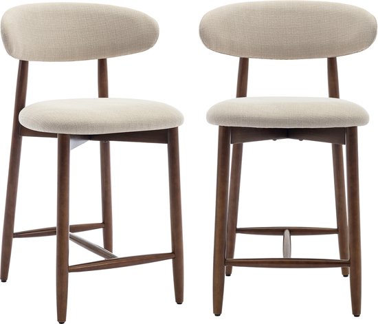 Tabourets de bar hauts COLAMY, lot de 2, tabourets de bar de cuisine avec dossier, style moderne du milieu du siècle, revêtus de tissu, pieds en bois, pour îlot de cuisine ou salle à manger, beige