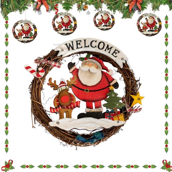 Foto: Welkomstbord voor kerstmis kerstkrans van rotan houten bord vrolijk kerstfeest hangende sneeuwpoppop decoratie kerstkrans kleine deurkrans rotan kranshanger rotan kransornament deur hangende wanddecoratie