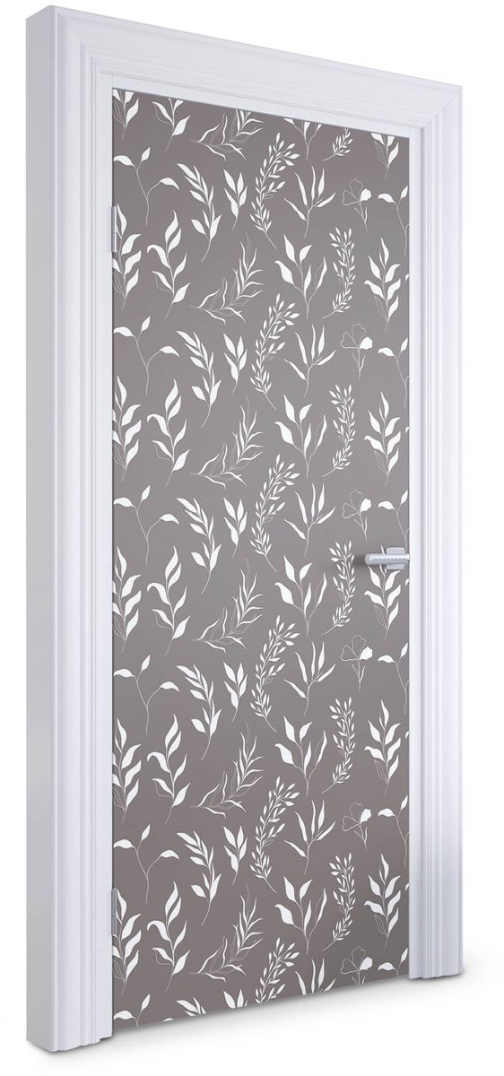 Wallfluent Deursticker - Bladpatroon Deur Sticker - 85 x 205 cm - Grijs Deurfolie - Moderne Deur Sticker - Natuur Deur plakfolie - Deursticker voor de Woonkamer - Deurposter