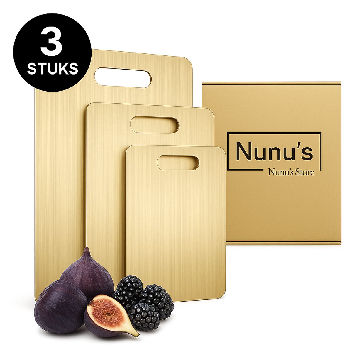 RVS Snijplankenset Goud – 3-Delig Luxe Titanium Look | Antibacterieel & Vaatwasserbestendig | Duurzaam Roestvrij Staal | 33,5x22,5 cm – 28,5x19,5 cm – 24,5x14,5 cm | Nunu’s®