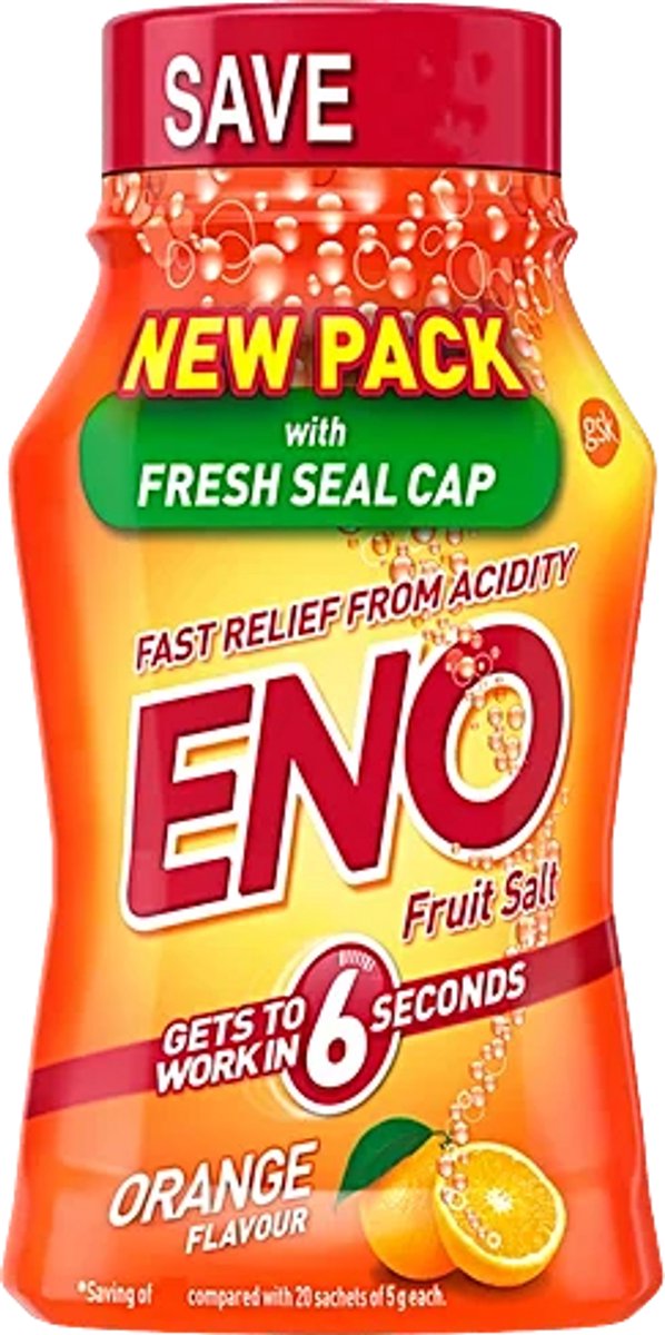 Eno Fruit Salt Sinaasappel 100 g Pot - Snel Werkend Antacid voor Brandend Maagzuur & Spijsvertering | Verfrist, Neutraliseert Zuur in 6 Seconden | Uit India met Kajal Sticker