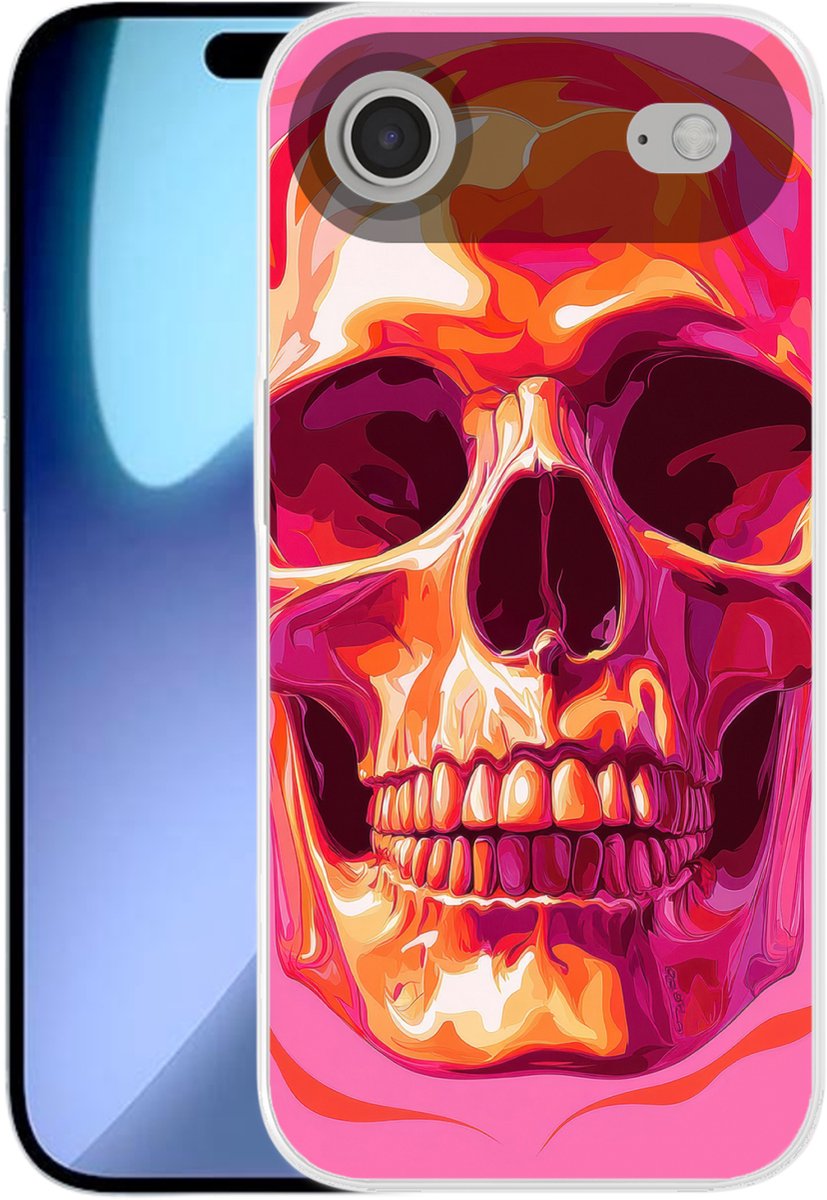 Telefoonhoesje Geschikt voor iPhone Air hoesje - Felroze - Tanden - Schedel - Siliconen Telefoonhoesje Telefoonhoesje