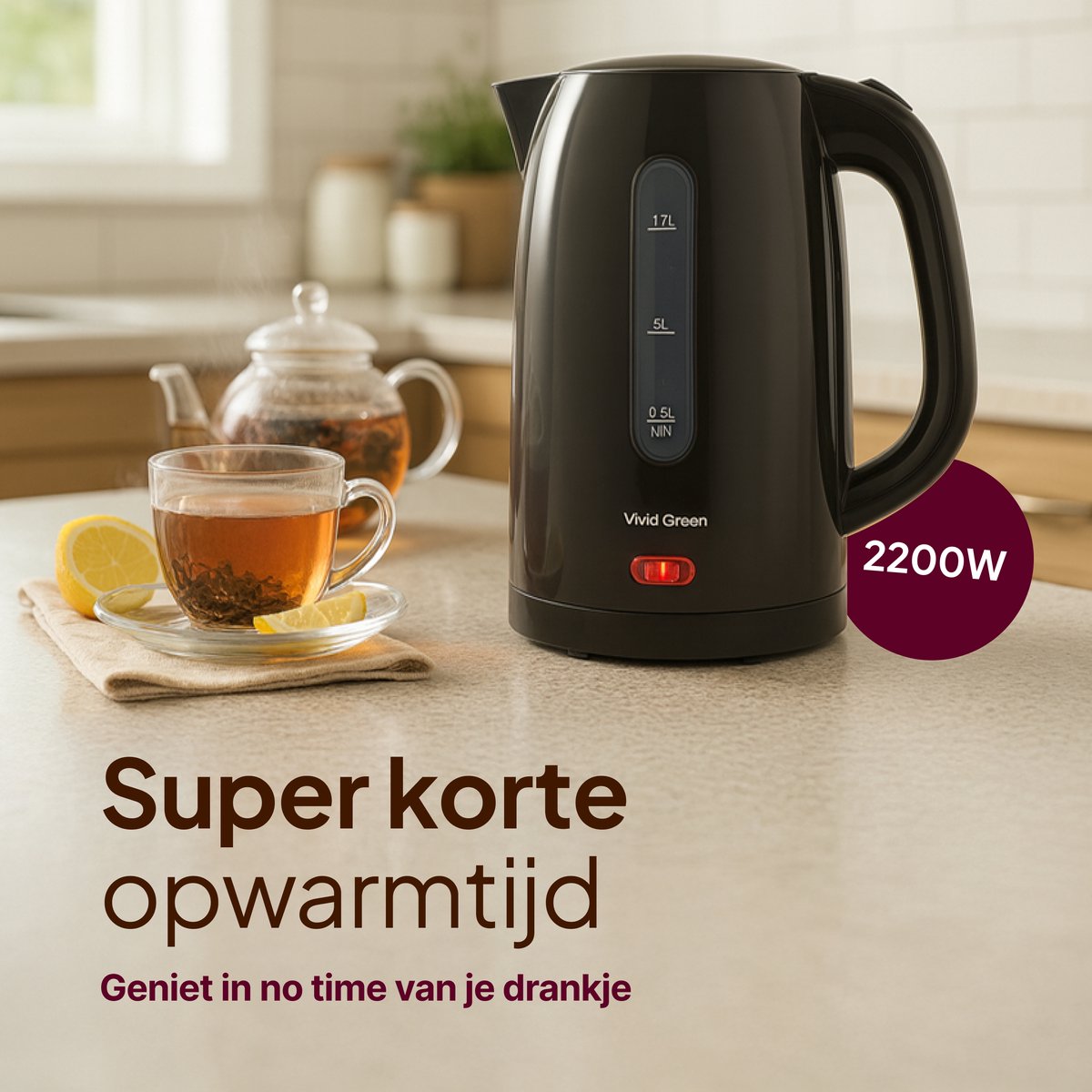 Vivid Green 2200W Waterkoker - 1.7L – BPA-vrij - Kalkfilter - Zwart — afbeelding 2