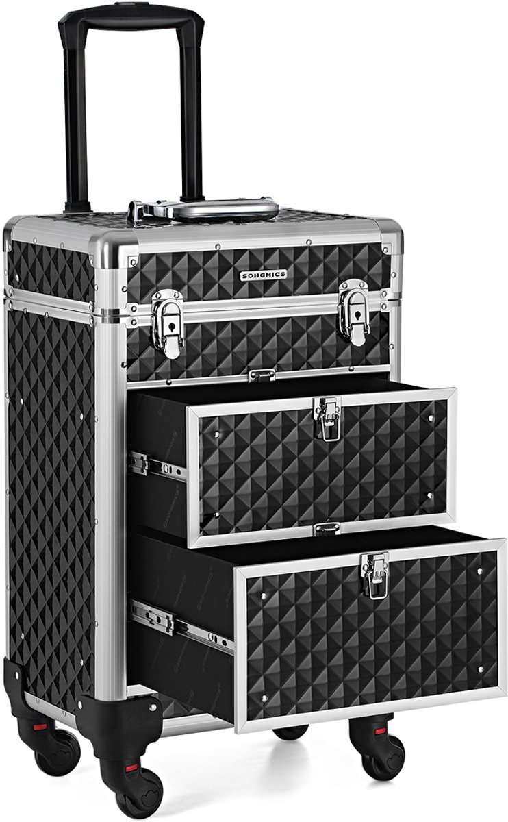 Afsluitbare make-upkoffer met wieltrolley 34×27×57 cm zwart meerdere opberglagen schuiflades handige trekstang geschikt voor visagisten nagelstylisten en beauty­studio’s