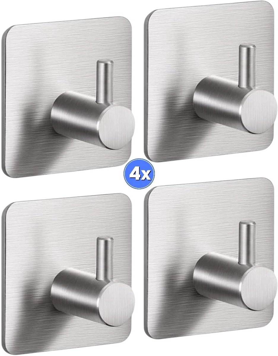 RVS Zelfklevende Wandhaken – 4 Stuks | Sterke Roestvrijstalen Haak | Badkamer & Keuken Wandhaak – Modern & Duurzaam