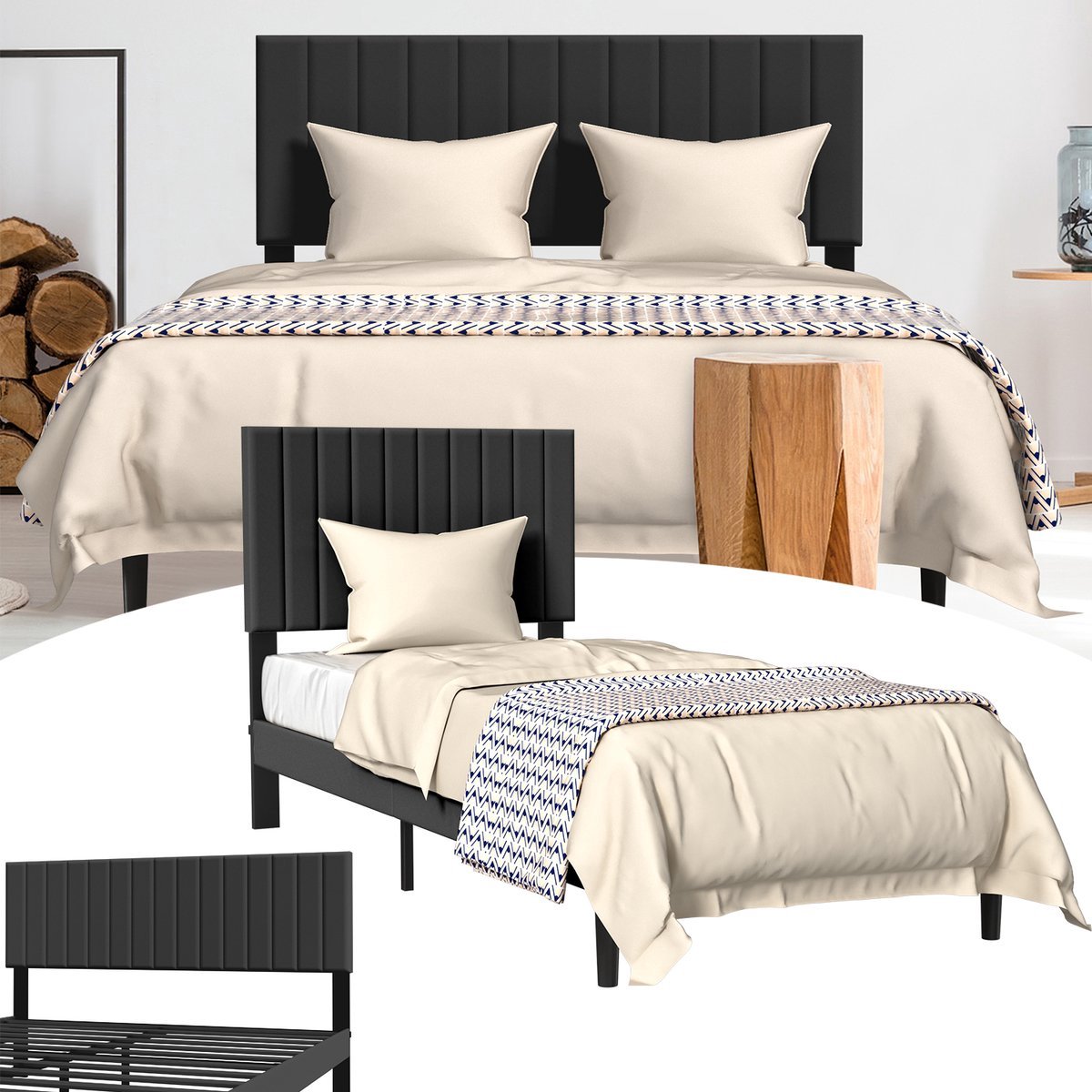 Gestoffeerd bed met hoofdeinde van leer, bedframe met lattenbodem, bedframe met houten lattensteun, met installatiegereedschap, tot 300 kg, pluche stof, zwart, 140 x 200 cm