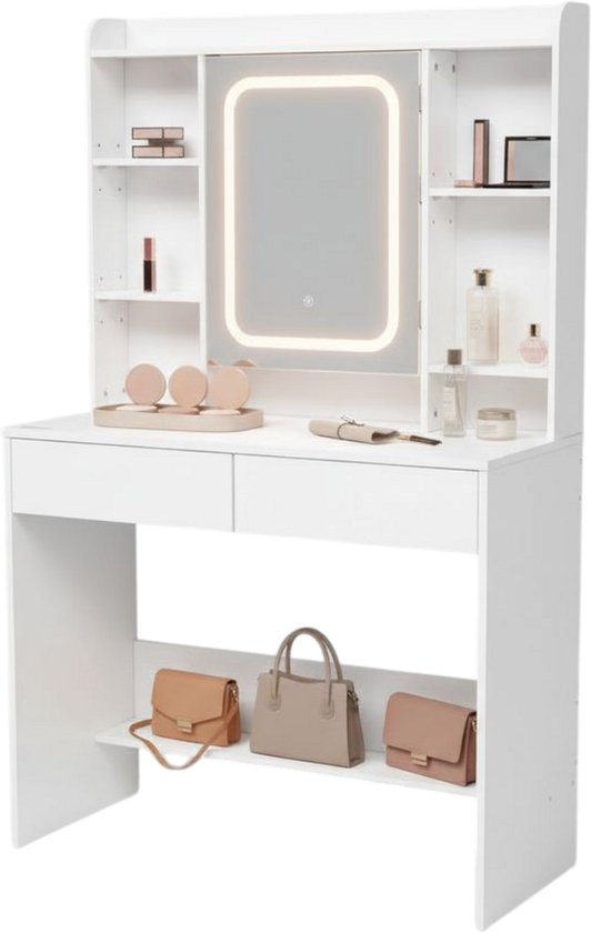 Coiffeuse Monza Home ® avec miroir et Siècle des Lumières LED réglable – Table de maquillage – Wit