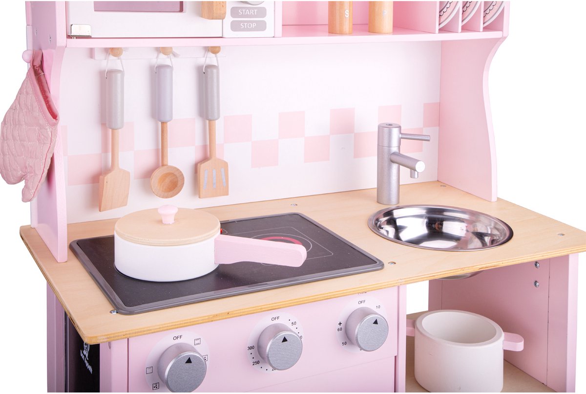 Woet® Houten Speelgoed Kinderkeuken - Speelkeukentje met Kookplaat met Licht en Geluid - Speelkeuken Roze met Diverse Accessoires - Werkbladhoogte 55 cm - Rollenspel - Vanaf 3 Jaar — afbeelding 3