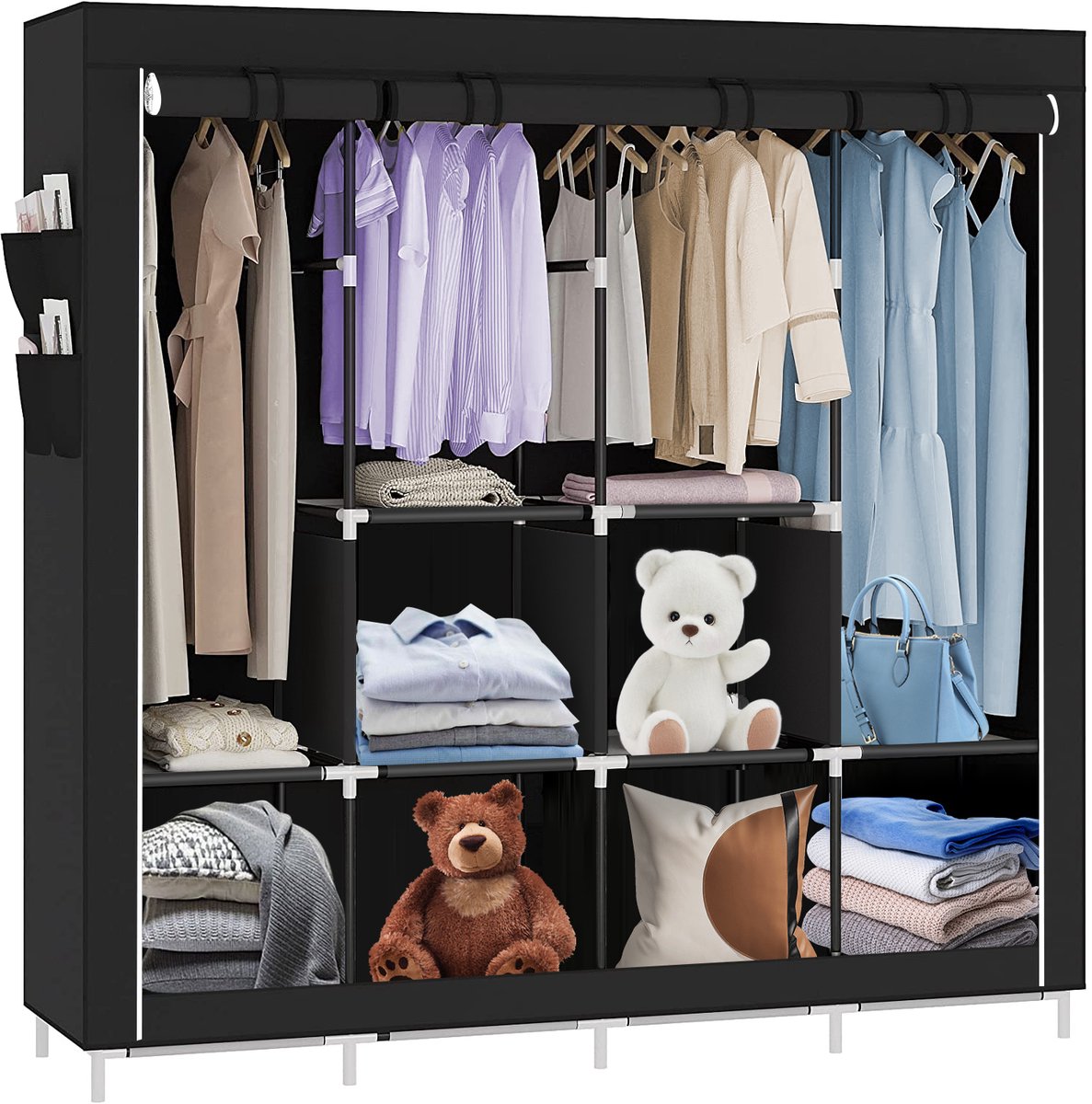 PIPIPOXER-Opvouwbare kledingkast met kledingstang, stoffen kledingkast, 167*45*170cm, Zwart