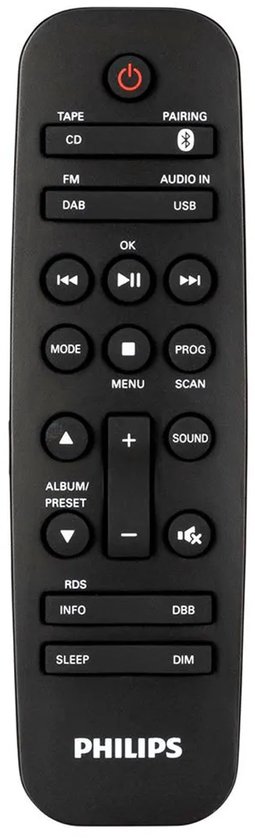 Zwarte afstandsbediening van Philips met functies zoals Tape, CD, FM, DAB, Pairing, USB.