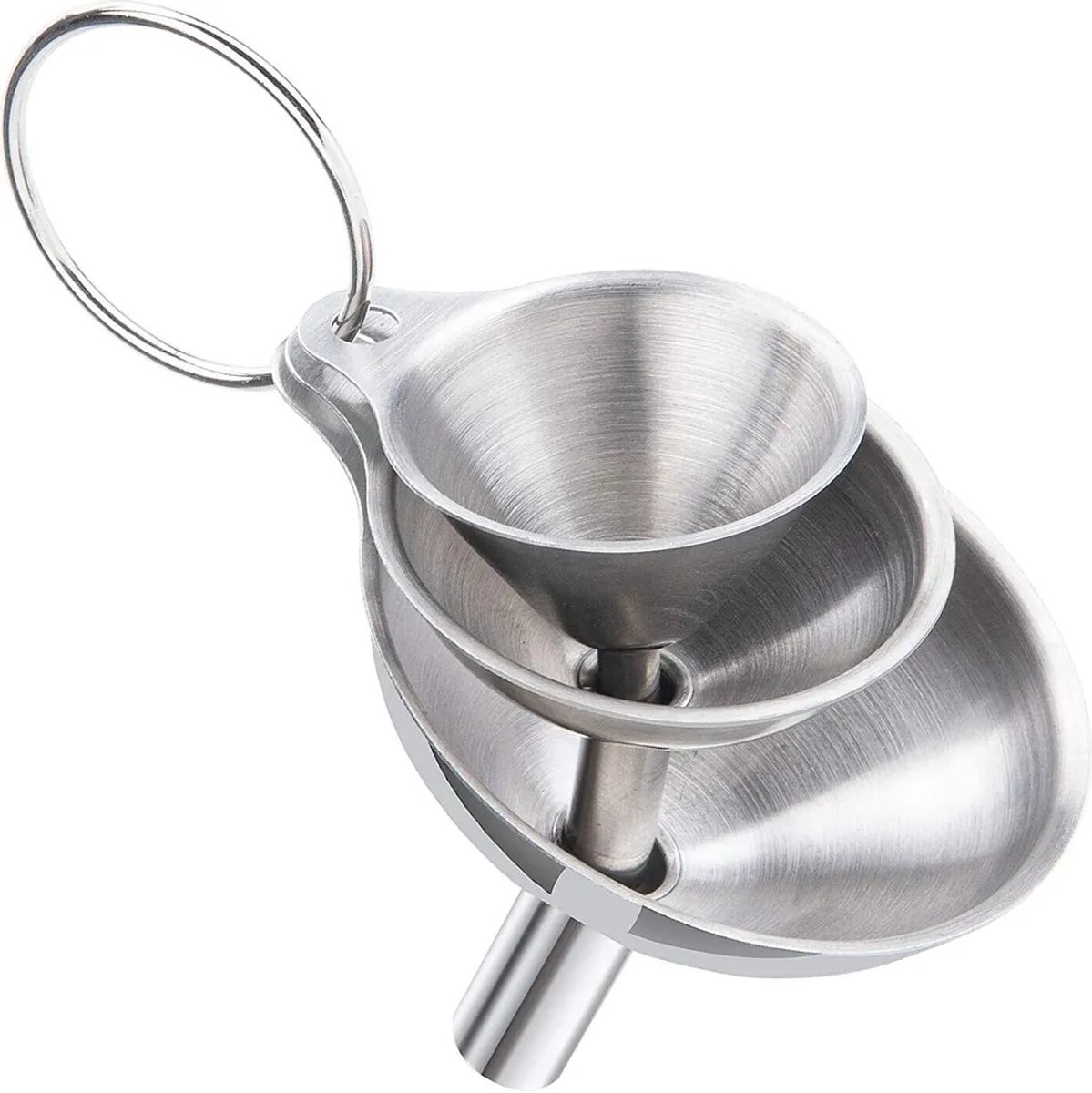 Miniatuur trechterset, 3 roestvrijstalen keukentrechters, 3 maten, zilver
