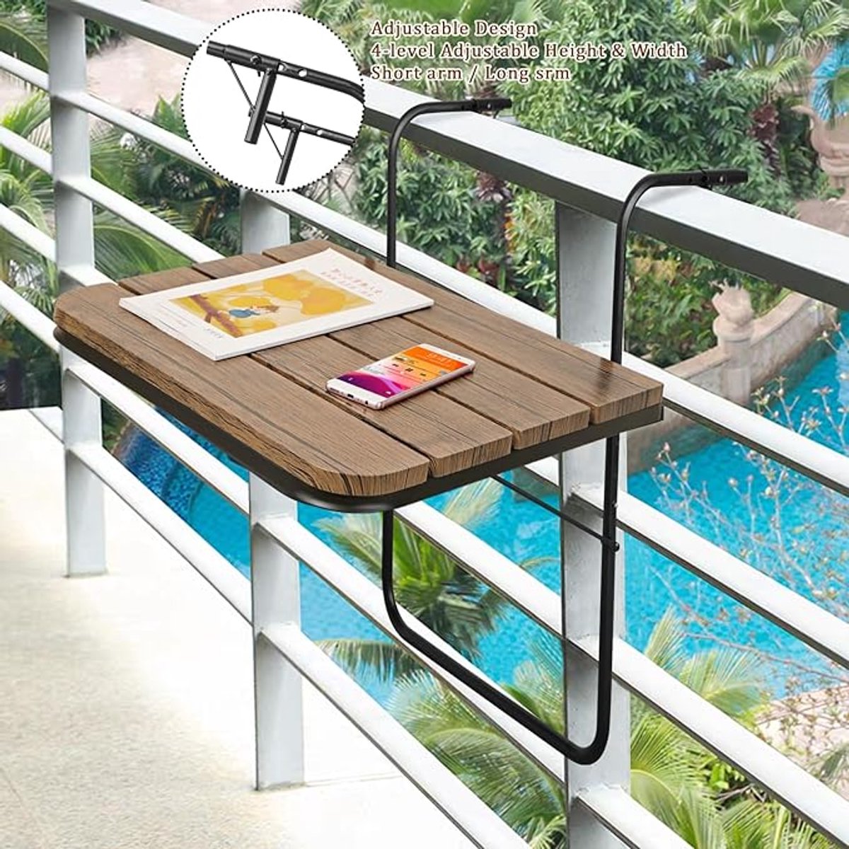 VEVOR Balkonhangtafel, 63,5 x 61 cm opvouwbare balkonrelingtafel, outdoor serveerbar, ruimtebesparend bureau, 4 niveaus verstelbaar, geschikt voor reling van 2,5 cm tot 21 cm, voor tuin, terras