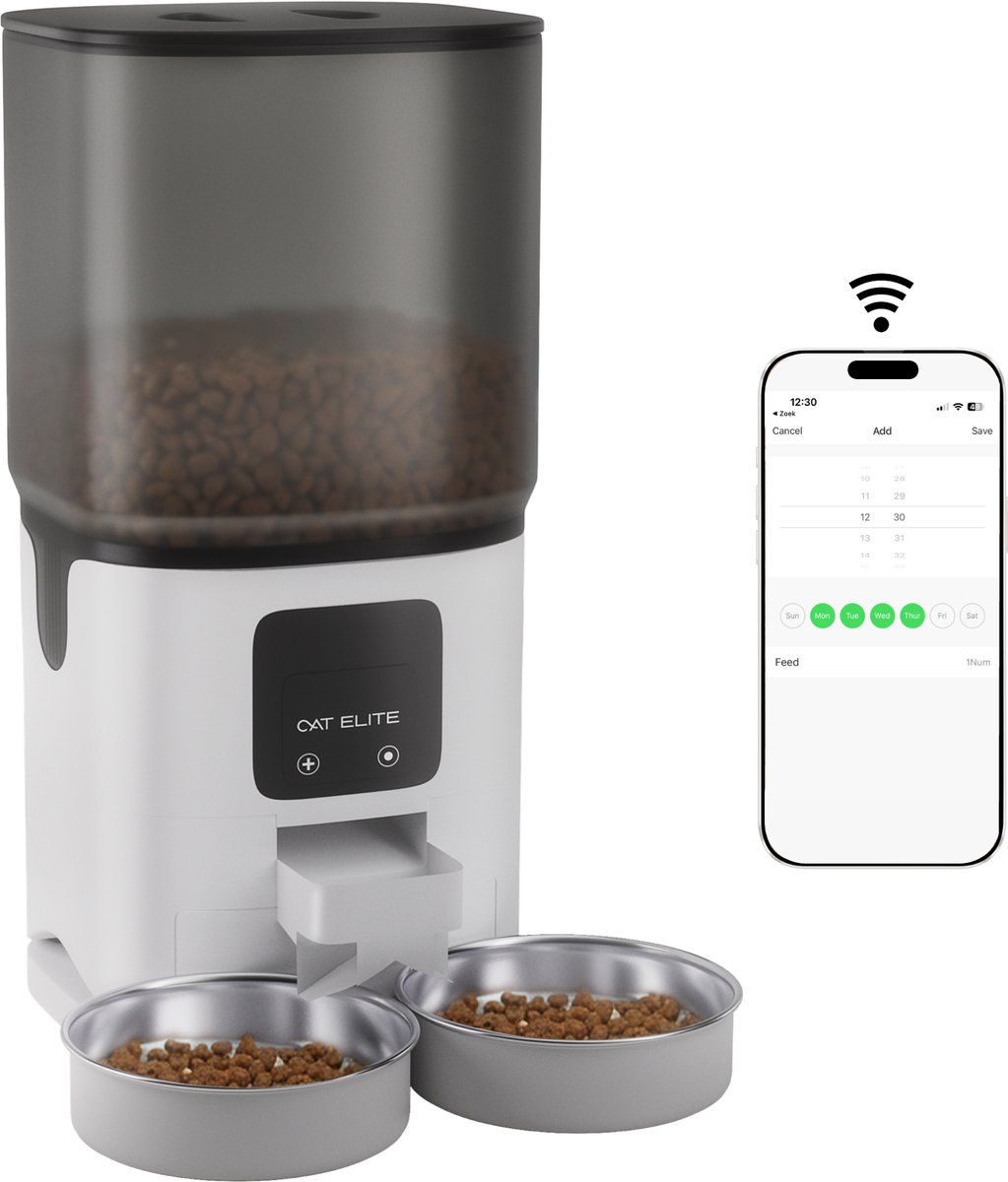 CatElite® - Automatische Voerbak Kat | Core - 7L Voerdispenser RVS - Dual WiFi 5Ghz & 2.4Ghz - Voerautomaat Dispenser met Smart App - Voor droogvoer - Wit