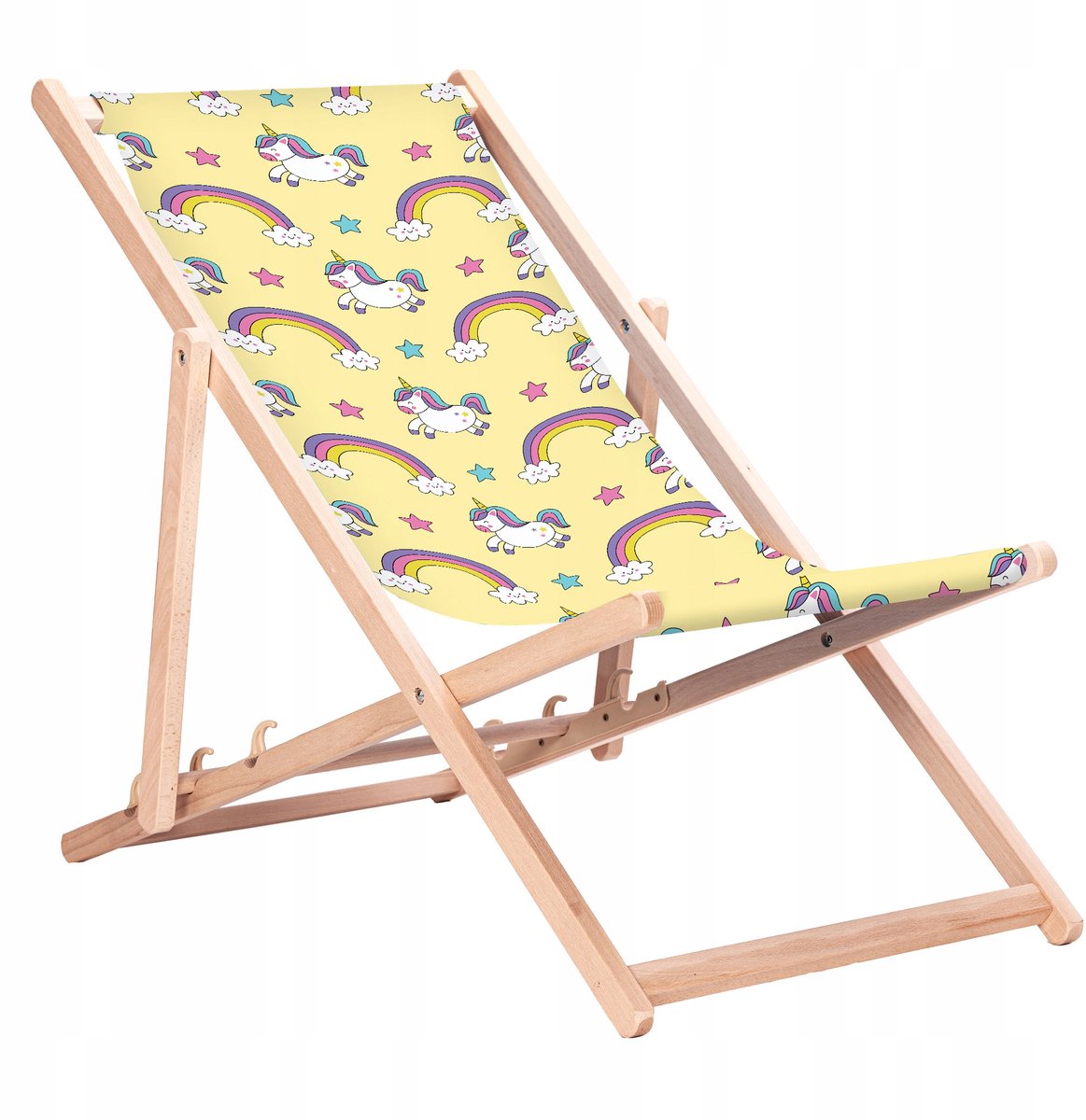 Houten ligstoel met regenboog eenhoorn print - San-Drew KN15
