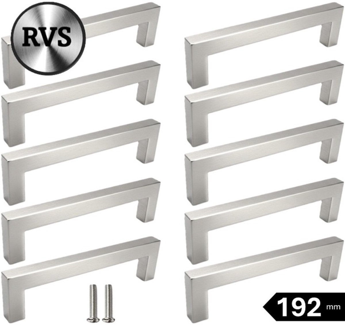 10 X MSQDESIGN Handgrepen RVS - Boormaat 192mm - zilvere Handgreep voor Keuken & Kast - Moderne RVS Meubelgreep - Keukengreep RVS zilver -Kastgrepen- zilvere RVS Greepjes Keuken - RVS Handvatten - Deurgreepjes -incl schroeven