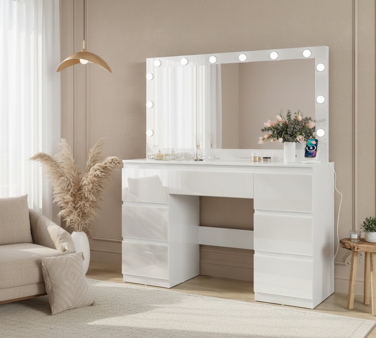 Make-uptafel hoogglans wit 120x40x140 cm – Kaptafel met grote LED Hollywood spiegel, 3 kleurmodi, 7 laden, stopcontact & USB, verborgen sieradenkast – Altameubel