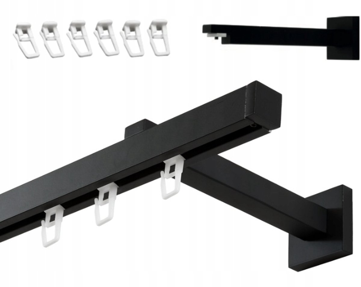 Kwadraat Gordijnrail Zwart Mat 130 cm met Haken