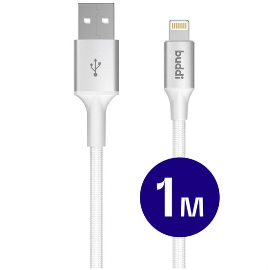 Witte USB-A naar Lightning kabel met een blauwe cirkel met "1m" erin.