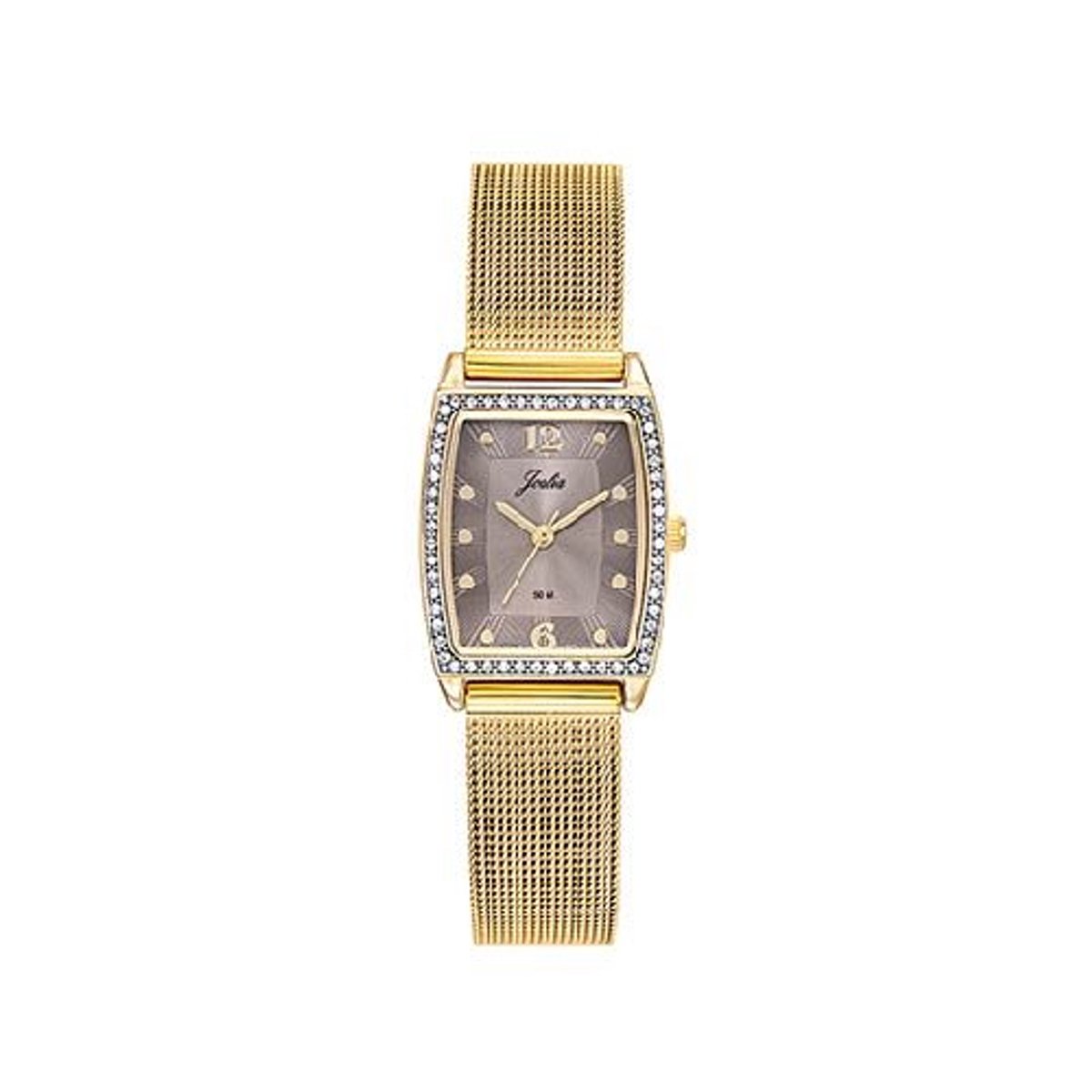 Joalia-Dameshorloge-model 631042-goudkleurig-kristal-Milanese band-horloge kast 22 x 32 mm-verstelbare band-made in France-5 bar waterdicht
