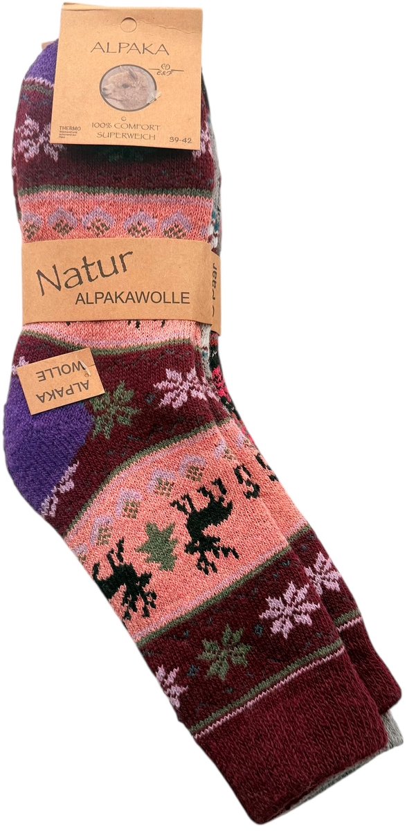 Alpaca wollen kerstsokken in rood, grijs & zwart, 3 paar, maat 39-42 - Alpaka logo.