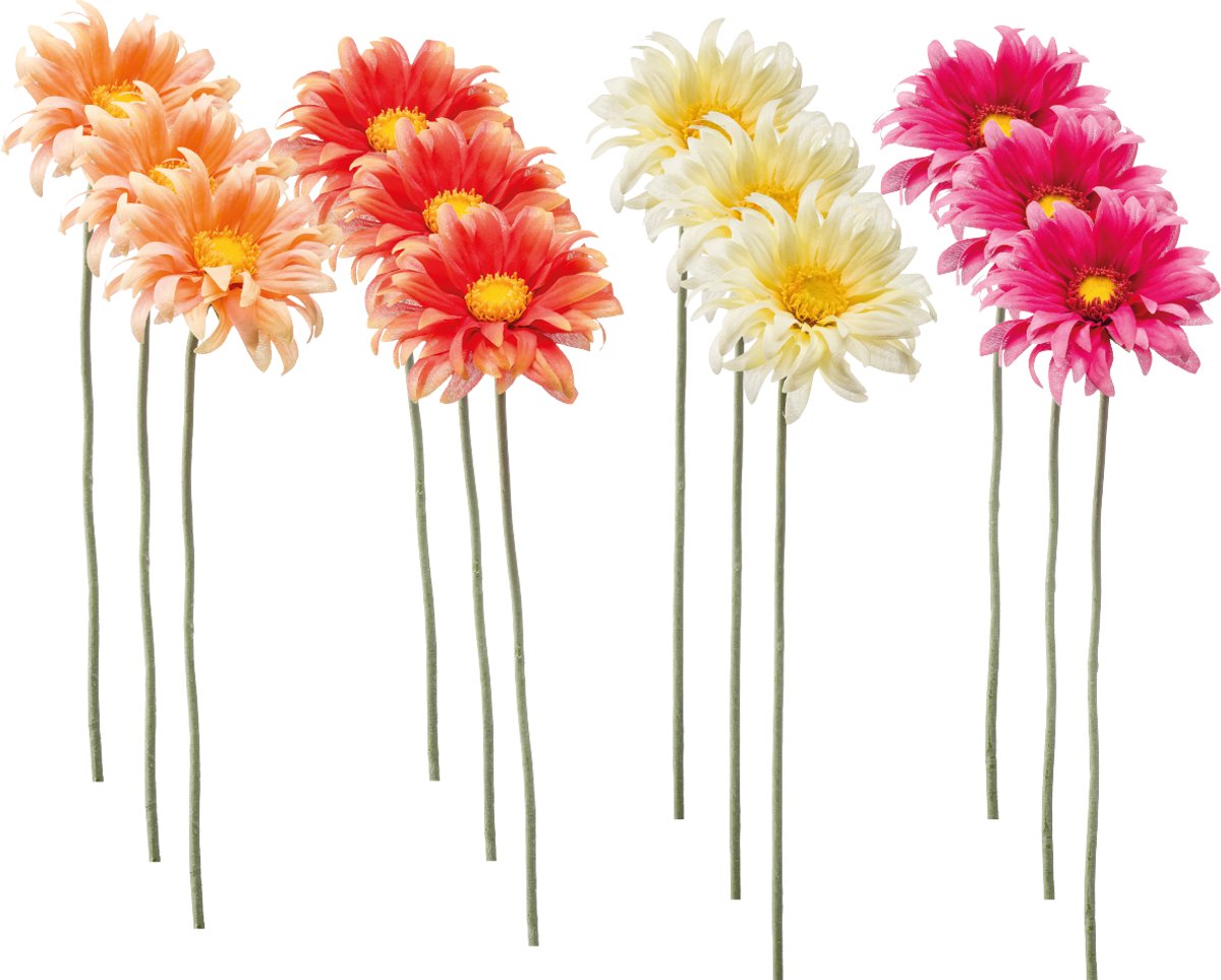 Emerald Kunstbloem Gerbera Mini 50cm - Set van 12 - Kunstplant voor binnen Peach, Oranje, Lichtgeel & Fuchsia - Set van 12