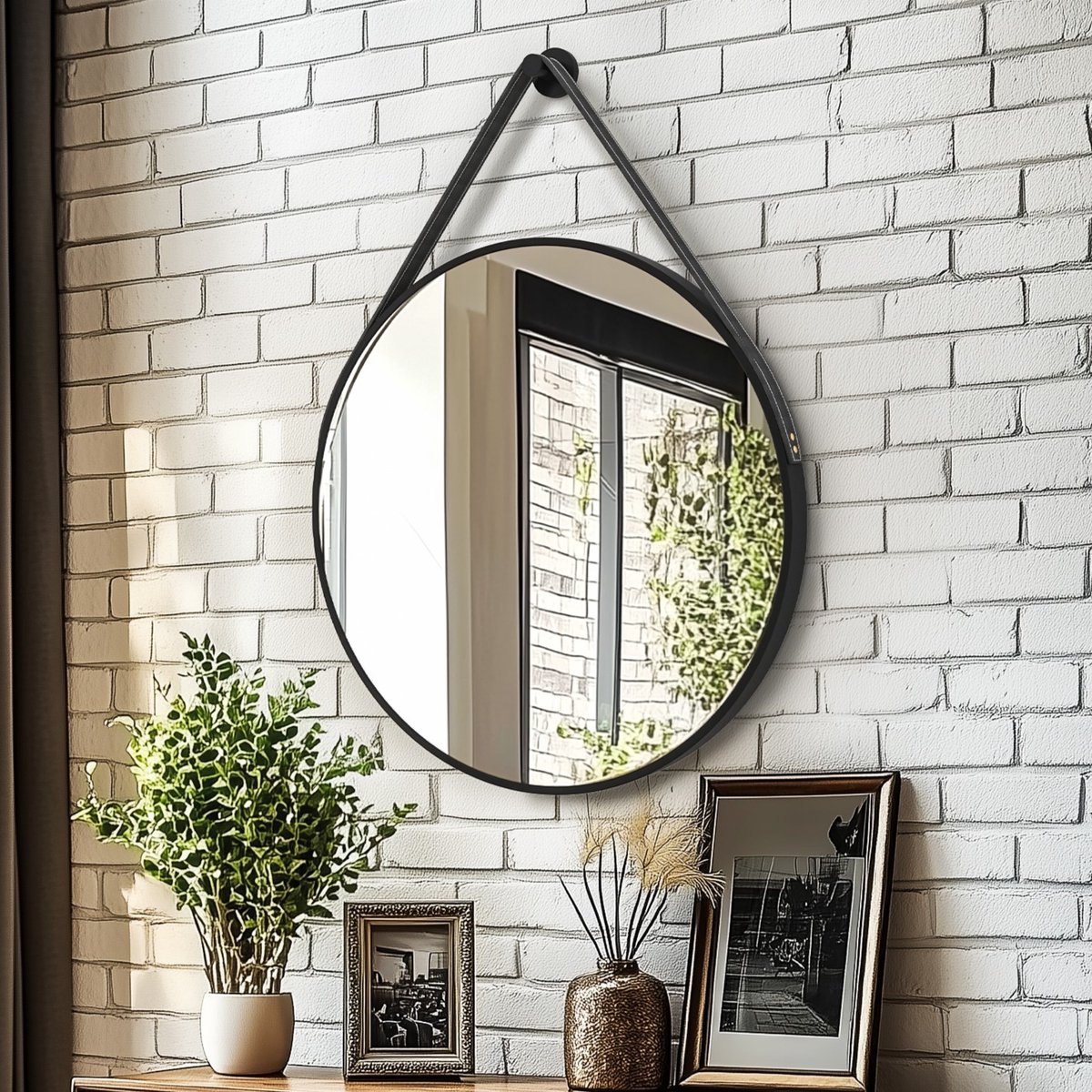 Artloge Ronde zwarte Spiegel - 70cm Wandspiegel met Leren Hangriem - Aluminium Frame - Badkamerspiegel, Vanity Spiegel voor Hal, Slaapkamer, Woonkamer