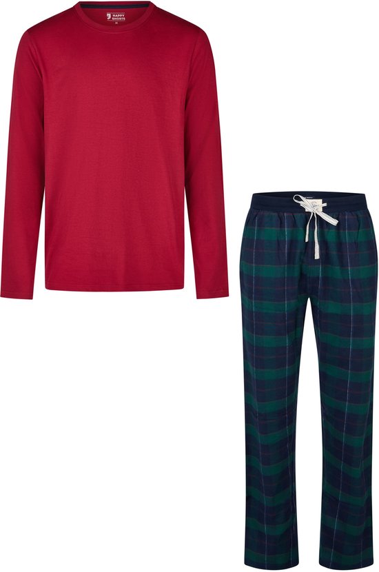 Set pyjama de Noël pour homme Happy Shorts , chemise et pantalon en flanelle à carreaux rouges et verts - Taille L