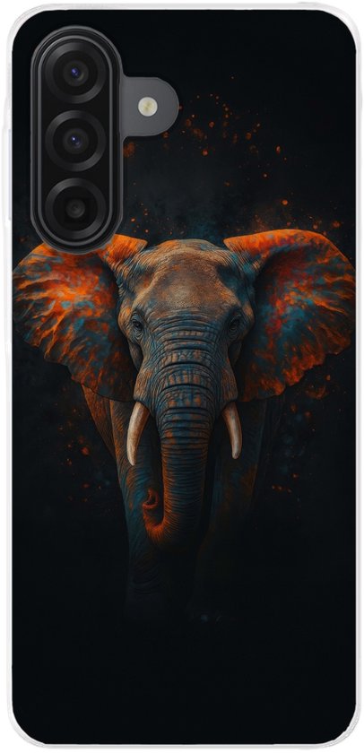 Coque de téléphone noire avec un imprimé éléphant orange et bleu.