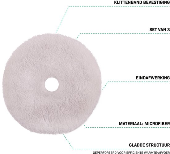 Set van 3 witte microvezel polijstpads met klittenbandbevestiging en geperforeerde structuur voor warmteafvoer.