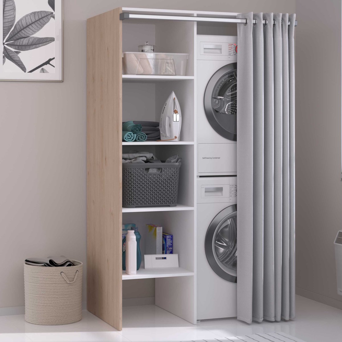 Vente-unique - Meubles De Buanderie Pour Machine à Laver Avec Plan De Travail - L182 Cm - Blanc Et Naturel Clair - NATAJI