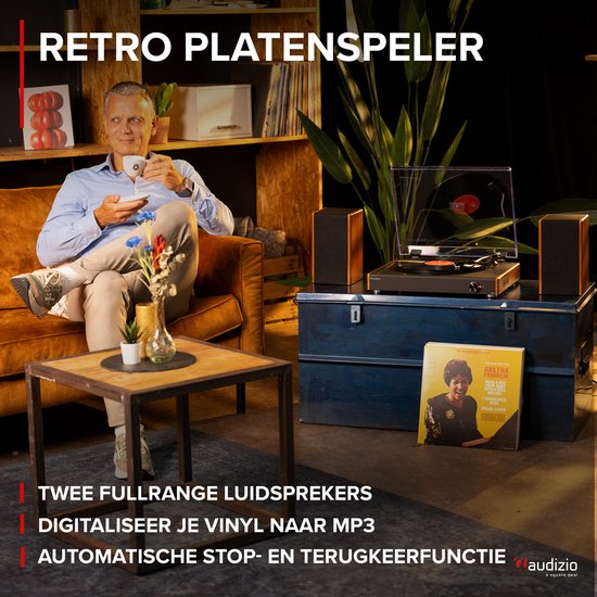 Platenspeler Bluetooth - LP speler met stereo speakers - Audizio RP335 - Retro - Houtlook — afbeelding 2