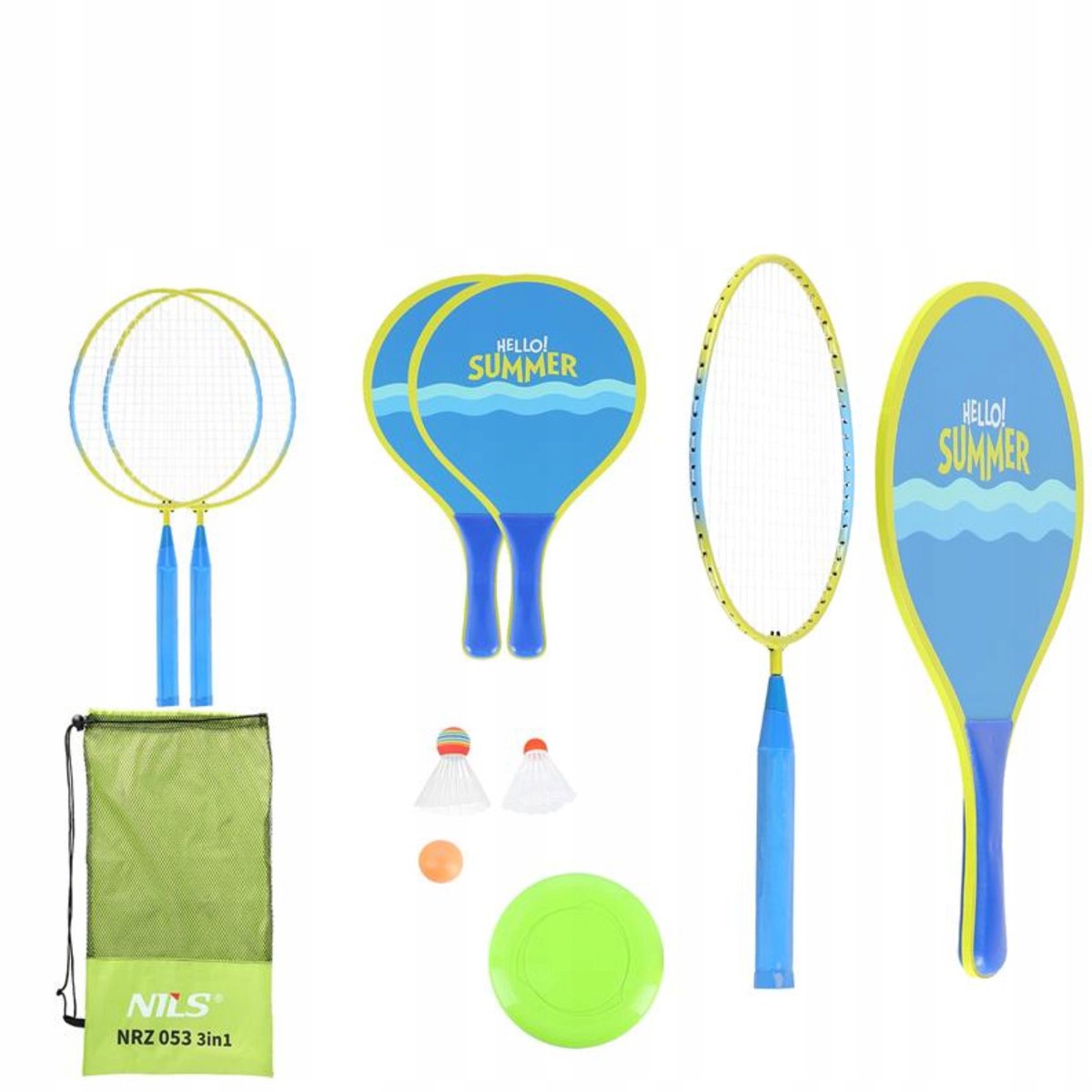 NILS Badmintonset: 2 rackets, 2 strandpeddels, shuttles en frisbee