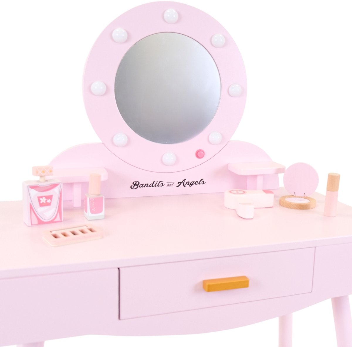 Bandits & Angels Kinder Kaptafel Sofia Roze Met Spiegel en Lampjes voor Meisjes vanaf 3 jaar - Houten Make-Up Tafel - Kaptafel Inclusief Krukje - Voor Kinderen — afbeelding 6