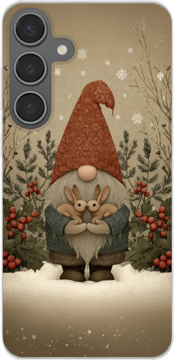 Telefoonhoesje Geschikt voor Samsung Galaxy S24 Plus hoesje - Kerstgnome - Konijntjes - Kleurrijk - Siliconen Telefoonhoesje Telefoonhoesje