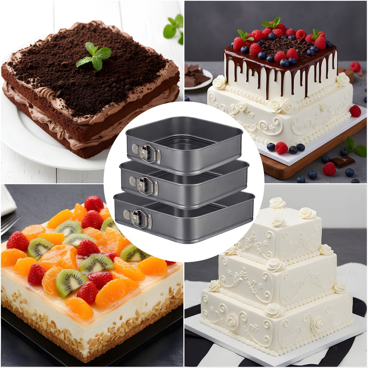 COOCK 3-delige Bakvorm Set Vierkant- Springvorm - Taartvorm Rechthoek met Antiaanbaklaag - 24 tot 28 Cm Diameter -Cakevorm Incl. Deegschraper & E-Book – foto 5