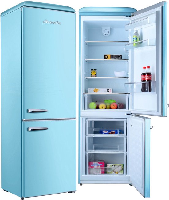 Helvetia Retro Koel-vriescombinatie 300L Hemelsblauw XL koelkast met vriezer onder en LED verlichting