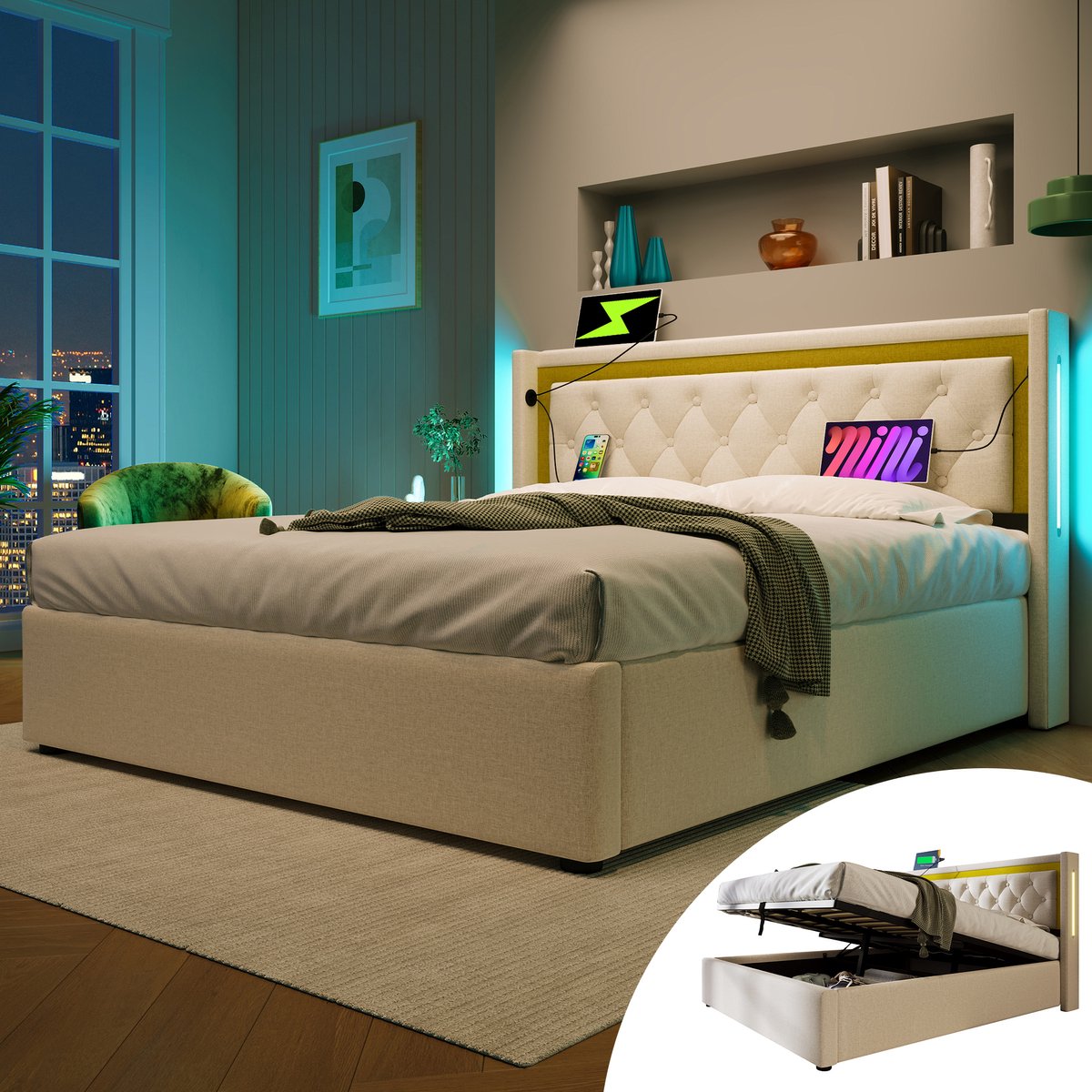 SONNENH Tweepersoonsbed 140x200 - Lattenbodem - 300 kg Draagvermogen - Opbergruimte onder Bed - Verstelbare LED-verlichting - 2 USB + 2 Type-C-poorten - Katoen Hoofdbord Beige beige transparant