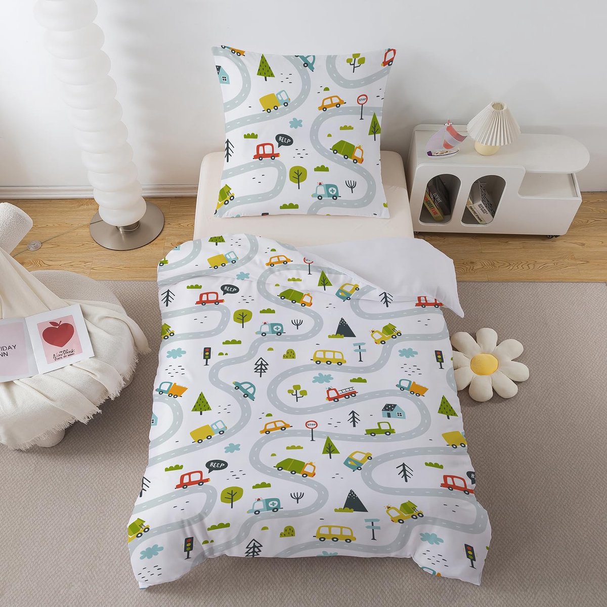 Unyqoos Zachte microvezel kinderbeddengoedset met autodesign en ritssluiting wit