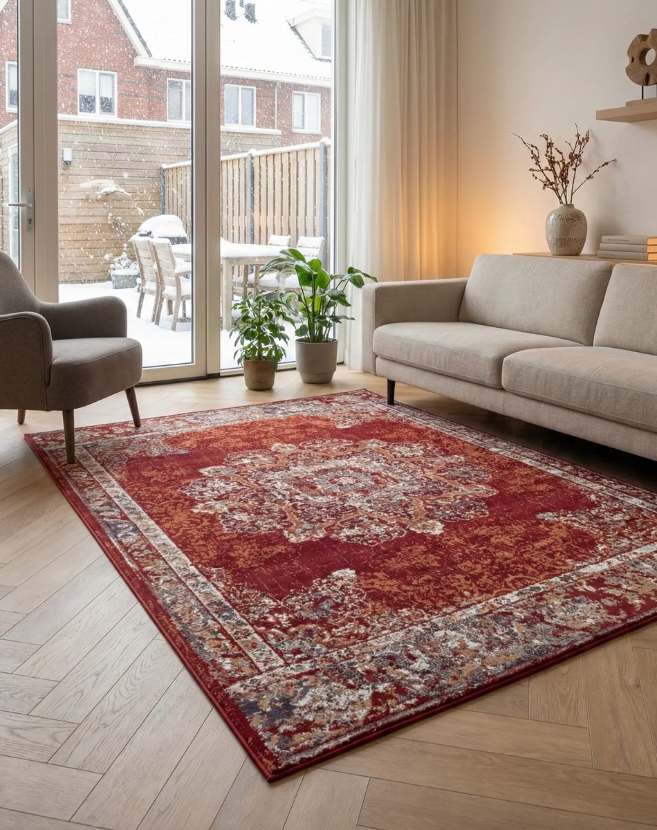 flycarpets Klassiek Vintage Vloerkleed Maderno - Rood / Multi - Deurmat 57x90 cm - Perzisch Tapijt Laagpolig