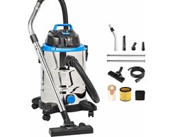 Industriële Stofzuiger - Droogzuiger - Bouwstofzuiger - 1500W - 30 Liter - Roestvrij Staal (RVS) - Sterke Zuigkracht - Alleszuiger voor Nat en Droog - Zilver/Blauw