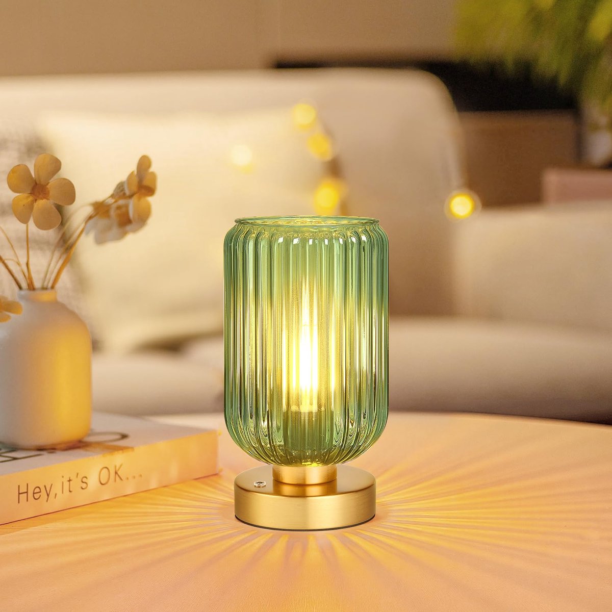 MUPOO Set van 2 Draadloze Tafellamp Modern met touch - Oplaadbare 7500 mAh - met Dimfunctie - Gouden voet en Groene Glazen Kap voor woonkamer - E27-fitting - Vintage Bedlampje — cadeau in Wonen & Interieur - foto 6