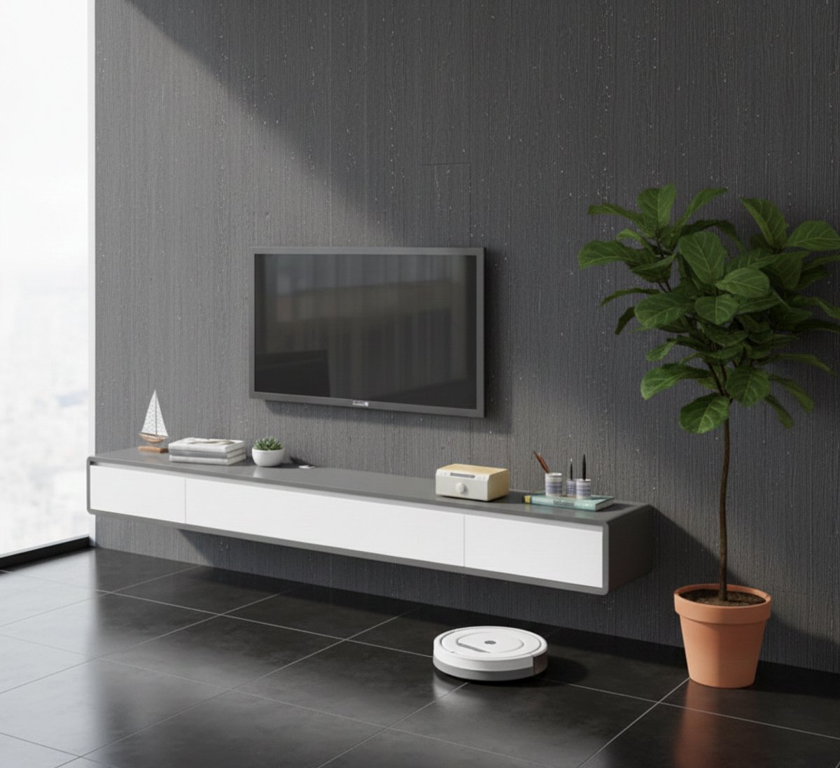Zwevend TV Meubel Wandmontage met Lades en Deur – Floating TV Kast met Kabelmanagement – Modern Media Meubel voor Woonkamer & Appartement – Wit/Grijs – 140 of 160 cm – House&Garden