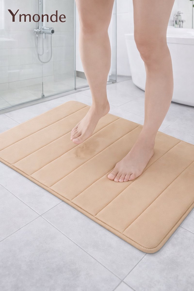 Ymonde Beige Anti-Slip Badmat – 50×80 cm – Verticaal Strepenpatroon – Badkamer Mat – Veilig & Comfortabel